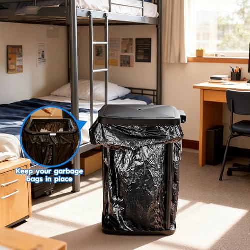 Portable Trash Bag Holder Collapsible Garbage Bin with Lid and Bands, Expandable Indoor Outdoor Trash Can Holder Stand for RV Camping Kitchen, Black