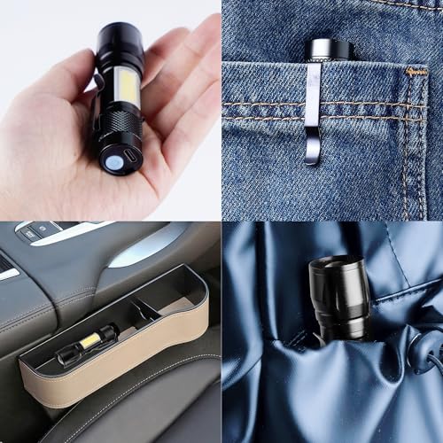 KunHe 4 Pack Rechargeable Flashlights Zoomable mini Small Bright Clip-On Light EDC Flash Light with Side COB Light for Camping Home Emergency - size: 4 Pack
