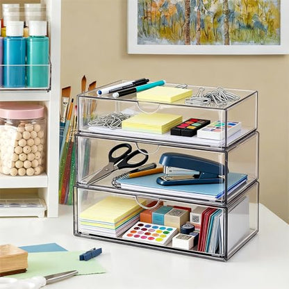 Medicine Cabinet Organizer with Removable Dividers, 3-Tier Stackable Drawer Storage for Bathroom, RV, Vanity, Countertop & Desk - size: 3 Tier Clear