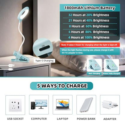 Akynite Desk Lamp LED Clip on Light, 5 Modes 5 Brightness Dimmable Clamp Light, Rechargeable Battery Flexible Clip on Reading Lamp for Bed Headboard Bunk Bed at Night for Kids (Blue) - color: Blue