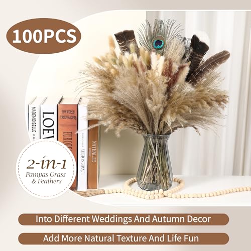 Bpole Dried Pampas Grass Decor - 100Pcs16-17 inch Pampas Grass Bouquet with Natural Feathers Boho Flowers Arrangement for Vase,Home Wedding Party Centerpiece and Rustic Farmhouse Decor - size: 16-17inch 100PCS