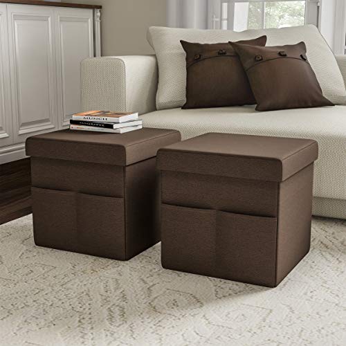 Set of 2 Ottomans with Storage Pockets - 15-Inch Folding Foot Rests or Storage Organizers for Bedroom, Living Room, or Dorm by Lavish Home (Brown) - color: Linen Brown