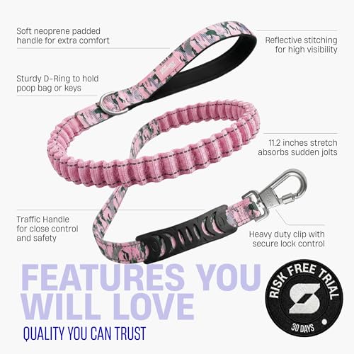 Dog Friendly Co. Bungee Dog Leash | Strain Free & Shock Resistant for Control | Neoprene Padded Handle, Heavy-Duty Carabiner Clip, and D-Ring | Pink Camo, Size Small - color: Pink Camo, size: Small