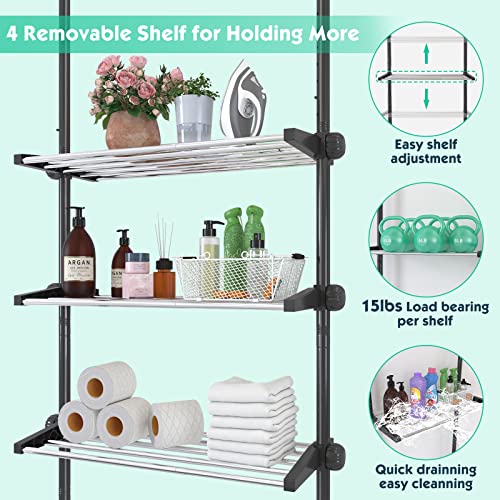 Lilyvane 4 Tiers Over Toilet Storage, 97 to116” Adjustable Tension Pole Over Toilet Bathroom Organizer, Standing Bathroom Shelves Over Toilet for Showers,Black