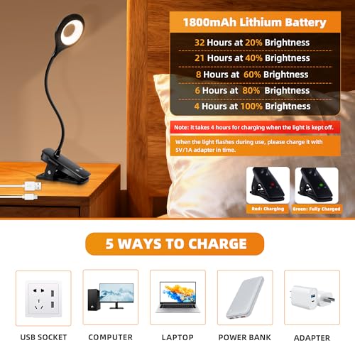 Akynite Desk Lamp LED Clip on Light, 5 Modes 5 Brightness Dimmable Clamp Light, Rechargeable Battery Flexible Clip on Reading Lamp for Bed Headboard Bunk Bed at Night for Kids (Black) - color: Black