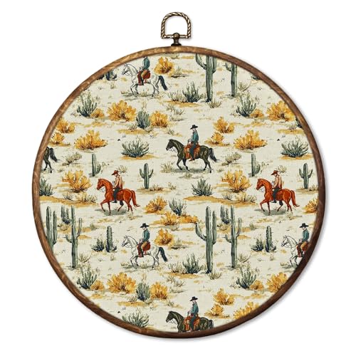 HUGANE Vintage Western Rodeo Horse Round Wall Art Decor, Southwestern Cowboy Equestrianism Desert Cactus Hanging Canvas Framed Prints Wall Sculptures for Home Bedroom Living Room Decor, 10x10 Inch - color: Colour-7