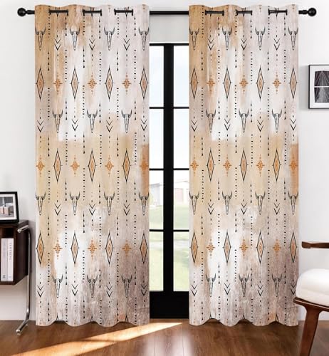 Aztec Blackout Curtains Tribal Western Bull Skull Boho Drapes Rustic Cowboys Native Ethnic Grommets Window Curtain Drapes for Bedroom Kitchen Living Room 2 Panels, 42x96in - color: Orange Black, size: 42"W x 96"L (Pack of 2)