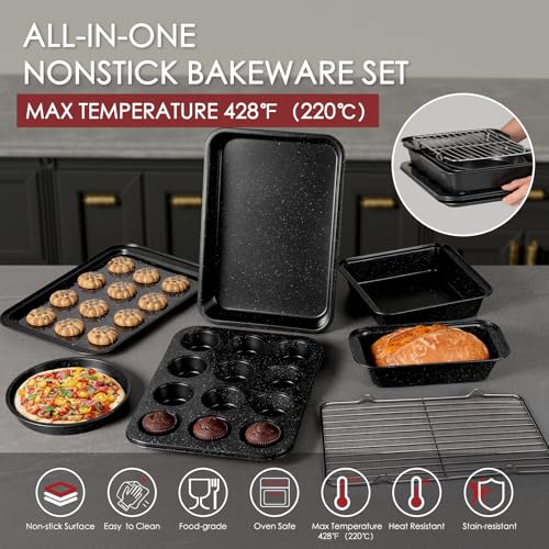 Kikcoin Pots and Pans Set Non Stick 31 Piece Kitchen Nonstick Cooking Cookware Sets with Grill Pan Saucepan Baking Sheet Utensil, Black - color: Black
