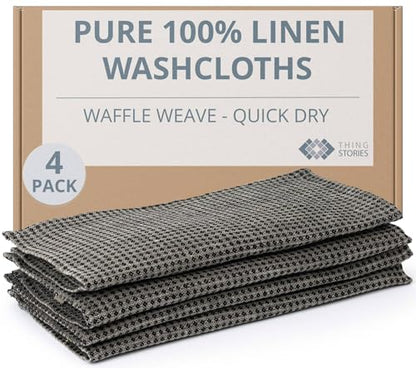 100% Flax Linen Washcloths - 4-Pack 10x10-inch Reusable Waffle Washcloths - Make up Removers Face Cloth - Black-Natural Waffle Weave Wash Cloths - Small Face Towels for Women - color: Black Natural, size: Washcloths