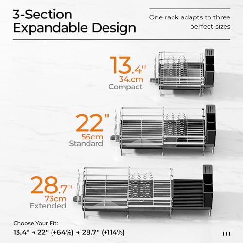 Delamu Stainless Steel Dish Drying Rack, Expandable Dish Drainer, Anti-Rust Large Dish Racks for Kitchen Counter, Dish Strainers with Drainboard, Utensil & Cup Holder, 13.4"-28.7" L x 11.8" W, Silver - color: Silver