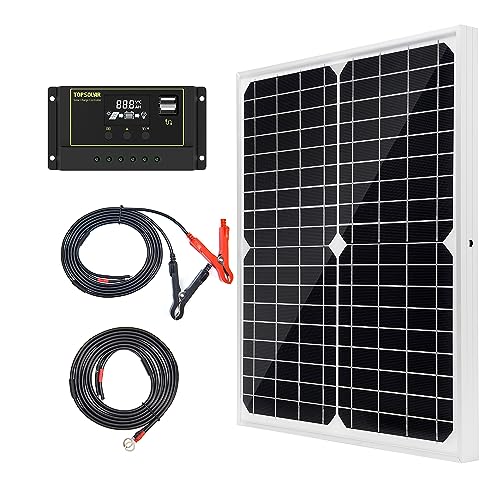 Topsolar Solar Panel Kit 20W 12V Monocrystalline with 10A Solar Charge Controller + Extension Cable with Battery Clips O-Ring Terminal for RV Marine Boat Off Grid System - size: 20W