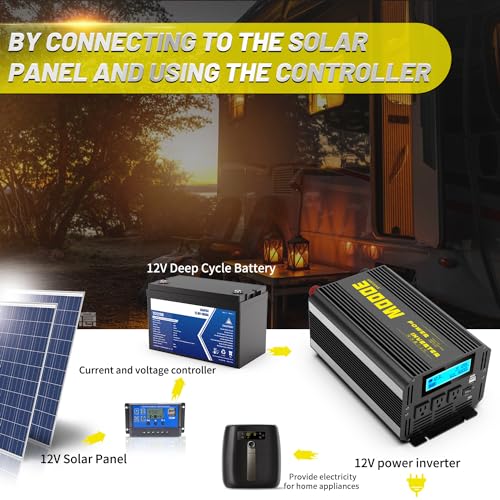 3000 Watt Modified Sine Wave Power Inverter, 12V DC to AC 110V/120V (Peak) 6000W Converter 3 Outlet Car Inverter with Remote Control and LED Display 3.4A USB Port - size: SY-12V-3000