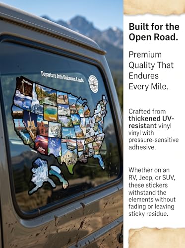 RV State Sticker Travel Map of The United States, Travel Trailer Camper Accessories, 11x17" RV Map Decals for Window Door Wall, 50 State Bumper Stickers with Scenic Illustrations, Great for Kids & Adults - Track Your Travel