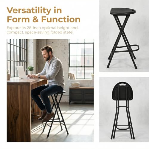 28 inch Black Bar Stool,Portable Stool for Adults Foldable Stools | with Handle,Collapsible Heart-Shaped Folding Counter Height Stools Chair for Camping Kitchen,Loads 250 Lbs,1 Pack