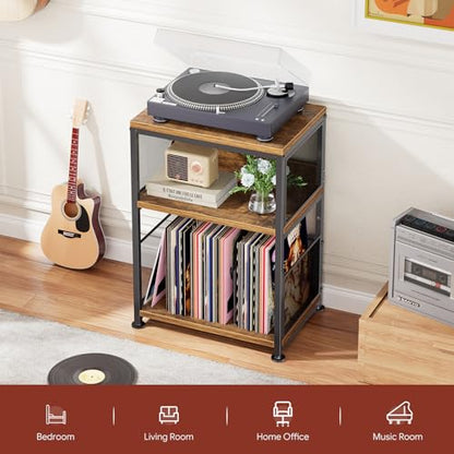 Simple Trending Record Player Stand, Turntable Stand with Vinyl Storage Holds Up to 200 Albums, Large Record Player Table with Adjustable Divider, Rustic Brown - size: End Table with mesh