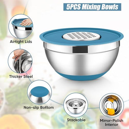 E-far Stainless Steel Mixing Bowls with Lids Set, 5-Piece Nesting Salad Bowls with 3 Grater Attachments and Non-Slip Bottoms, Size 4.6, 2.6, 2, 1.5, 1QT for Kitchen (Blue) - color: Blue, size: 5 Regular Sizes