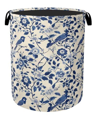 Navy Blue Beige Birds Laundry Basket - Heavy Duty 60L Dirty Clothes Organizer, Water Resistant Foldable Hamper for Men Women - color: Navy Blue Beige Birds