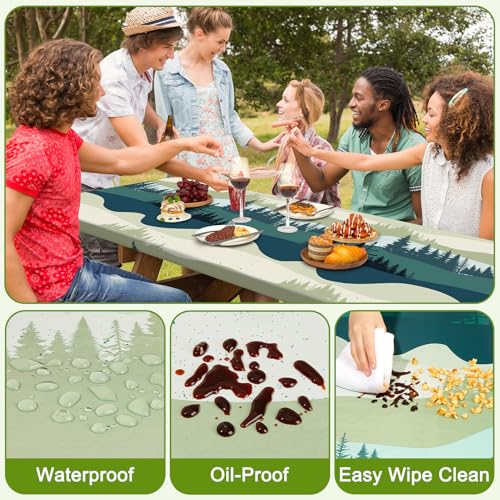 Picnic Table Cover with Bench Covers Portable Table Cloth Built-in Storage Pocket Fitted Tablecloth with Elastic Edges Waterproof Camping Essentials for Indoor Outdoor Rv,72in,Green Blue