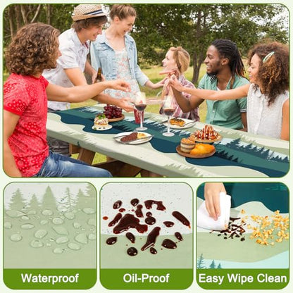 Picnic Table Cover with Bench Covers Portable Table Cloth Built-in Storage Pocket Fitted Tablecloth with Elastic Edges Waterproof Camping Essentials for Indoor Outdoor Rv,72in,Green Blue