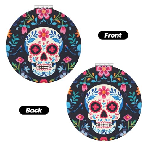 Mexican Sugar Skull and Flowers Print Foldable Travel Pocket Mirror Round PU Leather Portable Mini Makeup Double Sided Handheld Magnifying,2.6 in - color: Mexican Sugar Skull and Flowers