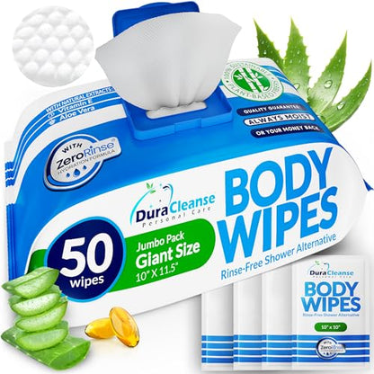 XL Body Wipes for Adults Bathing – 50 Ct + 4 Travel Shower Wipes 10 x 11.5" Thick Cleansing No Rinse Bath Wash Sheets for Elderly, Incontinence, Men & Women, Camping Essentials Disposable Washcloths - size: 54 Count (Pack of 1)