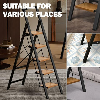 5 Step Ladder, Lightweight Folding Step Stool with Anti-Slip Aluminum Wide Pedal& Convenient Handgrip, 330lbs Capacity Steel Ladder for Household and Office (Black&Woodgrain) - color: Black&woodgrain, size: 5 Step