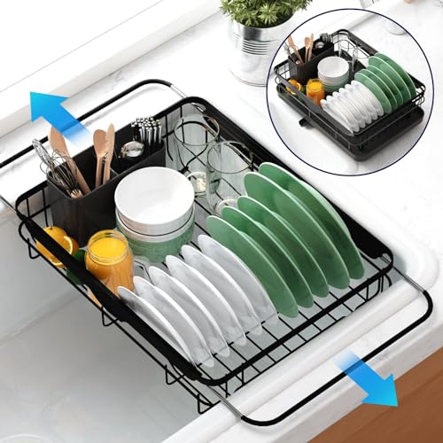 Kitsure Dish Drying Rack for Kitchen Counter, Stainless Steel Sink Organization and Storage Essentials with Cutlery Holder, Home and Appartment Decor, 12.2''W x 15.7''~23''L, Black - color: Black, size: 12.2''W x 15.7''~23''L - 1 Tier