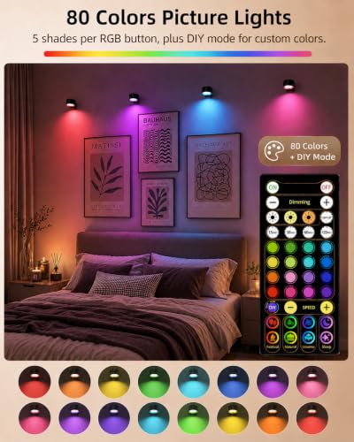 Picture Lights for Wall, 2000mAh Rechargeable Magnetic Art Lights with 3 Color Temps & RGB, Remote Dimmable Battery Operated Wall Light for Bedroom, Living Room, Gallery (Black, 6 Pack) - color: Black