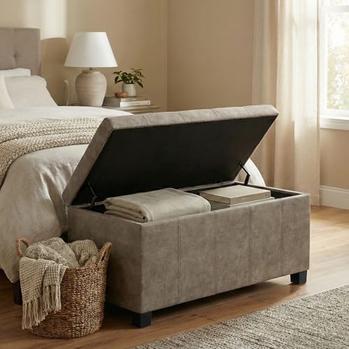 SIMPLIHOME Dover Storage Ottoman Bench - 36 inch Wide Upholstered Vegan Leather Rectangular Lift-Top Ottoman in Distressed Smoky Grey Brown, Contemporary Bench for Living Room with Safety Hinges - color: Distressed Smoky Grey Brown