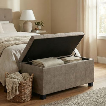 SIMPLIHOME Dover Storage Ottoman Bench - 36 inch Wide Upholstered Vegan Leather Rectangular Lift-Top Ottoman in Distressed Smoky Grey Brown, Contemporary Bench for Living Room with Safety Hinges - color: Distressed Smoky Grey Brown