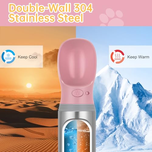 Portable Dog Water Bottle, 14 OZ, Stainless Steel Leak Proof Puppy Water Dispenser with Drinking Feeder for Pets Travel, Walking, Hiking and Outdoor Activities - size: 14 OZ - Pink, style: Button switch