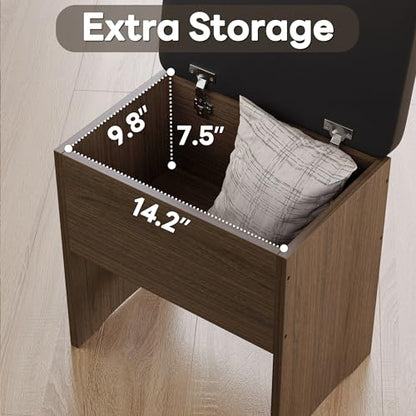 LIKIMIO Small Makeup Vanity Desk with Mirror and Lights, Vanity Table Set with Storage Drawer, Chair and Three Shelves, Bedroom, Walnut - color: Walnut