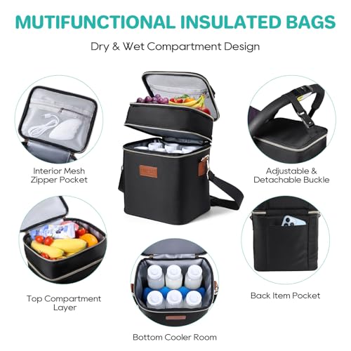 PIIOSER Breastmilk Cooler Bag with Ice Pack Fits 6 Baby Bottles Up to 9 Ounce, Insulated Baby Bottle Tote Bags, Double Layer Waterproof Leak-Proof with Shoulder Strap for Nursing &Working Mom - color: Black