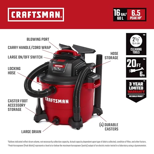 CRAFTSMAN CMXEVBE18595 16 Gallon 6.5 Peak HP Wet Dry Shop Vacuum - size: 16 Gallon 6.5 Peak HP w/4 Dust Bags