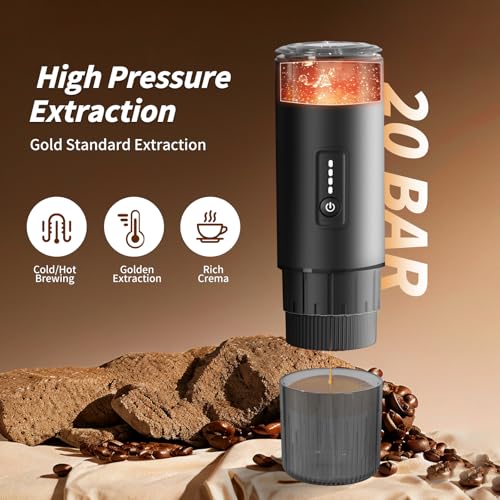 3-in-1 Portable Espresso Maker 20 Bar Self-Heating Stainless Steel Fits Ground Coffee & Nespresso Capsules USB-C Rechargeable for Camping Car Hiking Office - color: Black