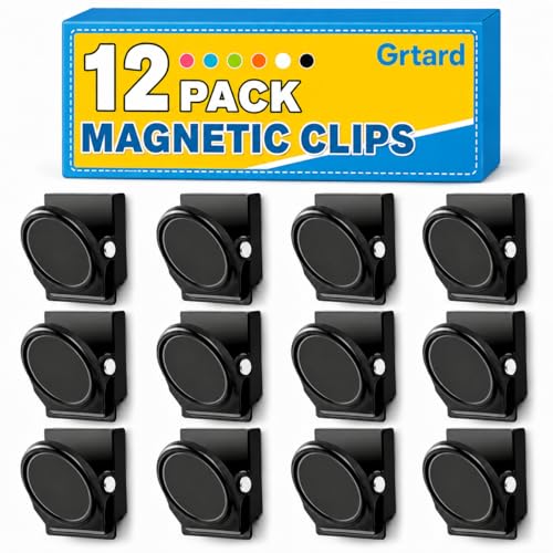 Grtard 12 Pack Magnetic Clip 1.8Inch, Black Refrigerator Clip Magnets, Clip with Magnet, Heavy Duty Refrigerator Magnets, Magnet Clips for Whiteboard, Fridge, Note List, Photo Displays, Locker - color: Black, size: 12 Pack