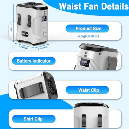 Sunoony Waist Fan Clip on Shirt Belt Body Wearable Hand-Free Rechargeable Battery Powered Fan with 3 Speed & Flashlight Cooling Portable Neck Fan for Outdoor Travel