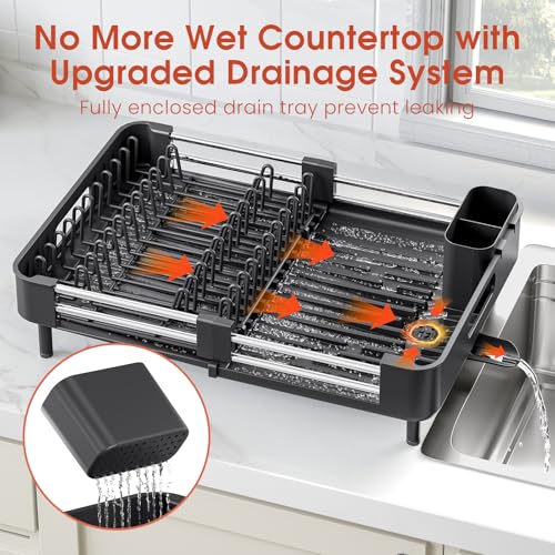 TOOLF Dish Drying Rack Expandable Drainer w/Cutlery & Cup Holder, Black | Stainless Steel &PP, Extenable 12.6" to 18.7"D, Anti-Rust, Auto-Drainage, Space-Saving, Fit for Various Sink Countertops - color: Black