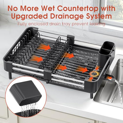 TOOLF Dish Drying Rack Expandable Drainer w/Cutlery & Cup Holder, Black | Stainless Steel &PP, Extenable 12.6" to 18.7"D, Anti-Rust, Auto-Drainage, Space-Saving, Fit for Various Sink Countertops - color: Black