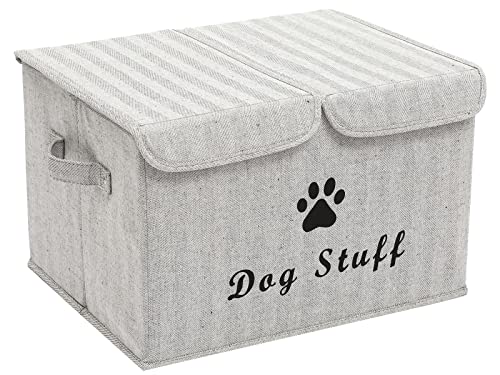 Large Dog Toys Storage Box Canvas Storage Basket Bin Organizer with Lid - Collapsible Linen Bin Ideal for Organizing Dog Cat Toys and pet Stuff-PP Boad-17" x 12" x 10" - Gray Stripe - color: Gray Stripe
