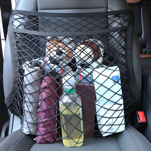 Car Seat Net Passenger Seat Caddy, Double Layer Front Seat Versatile Elastic Organizer Net Purse Holder Most Sizes Shapes Universal for GMC Ford Toyota No Removal Required, 19.69" x 15.75"