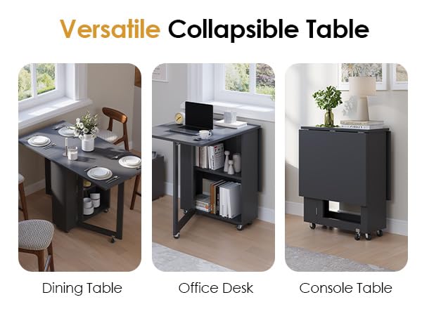 LotFun Folding Dining Table with 6 Wheels, 2-Layer Storage Shelf & Drawer, Space Saving Farmhouse Kitchen Table for Small Spaces - color: Grayish Black
