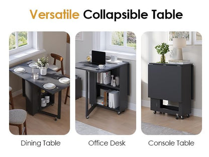LotFun Folding Dining Table with 6 Wheels, 2-Layer Storage Shelf & Drawer, Space Saving Farmhouse Kitchen Table for Small Spaces - color: Grayish Black