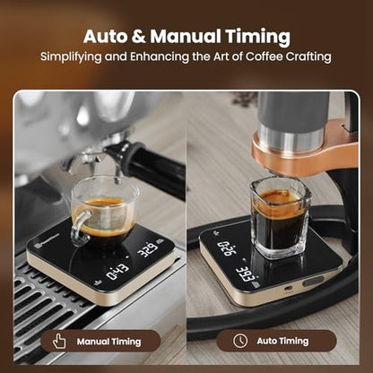Maestri House S2 Espresso Coffee Scale with Timer, USB-C Rechargeable 2kg/0.1g Precision Shot Scale, Digital Scale for Espresso Brewing(Black & Gold) - color: Black&Gold