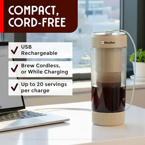 Mueller RapidBrew Cold Brew Coffee Maker – 10 Min Fast Brew Portable Rechargeable Cold Brew Pitcher Machine for Coffee & Tea – Adjustable Strength 10-99 Min – 20 Servings Per Charge, Cappuccino Beige - color: Cappuccino Beige
