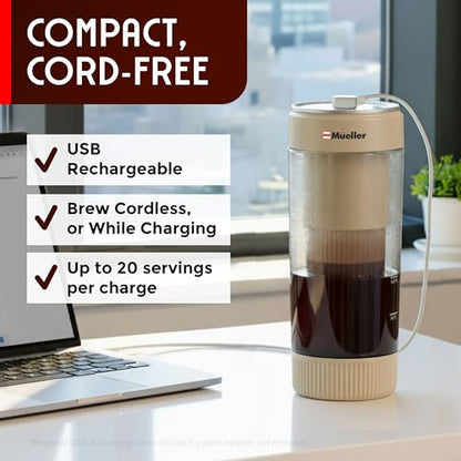 Mueller RapidBrew Cold Brew Coffee Maker – 10 Min Fast Brew Portable Rechargeable Cold Brew Pitcher Machine for Coffee & Tea – Adjustable Strength 10-99 Min – 20 Servings Per Charge, Cappuccino Beige - color: Cappuccino Beige