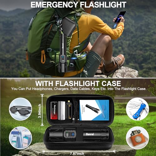 Banral Rechargeable Tactical Flashlights 2000 High Lumens - 5000mAh Super Bright LED Powerful Flash Light, Waterproof Handheld USB C Flashlight for Home,Car,Camping,Emergencies,5 Modes (1, Black) - color: Black