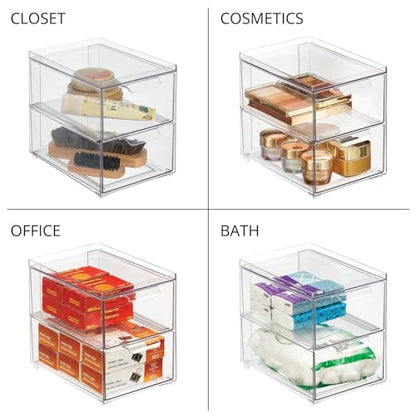 mDesign Stackable Storage Containers Box with 2 Pull-Out Drawers - Stacking Plastic Drawer Bins for Master or Guest Bathroom, Linen Closet, Vanity, or Makeup Table - Lumiere Collection - 8 Pack, Clear - size: 8 x 6 x 7 (Pack of 8)