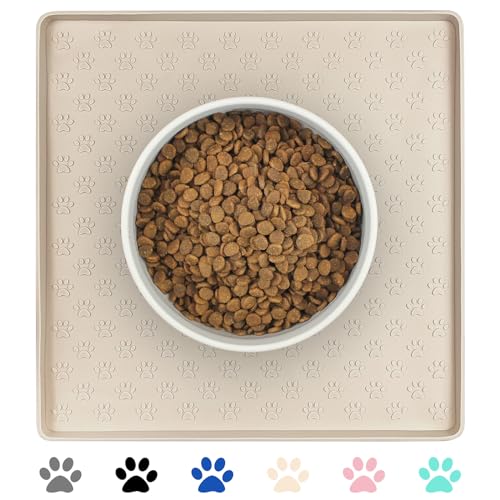 Ptlom Pet Placemat for Dog and Cat, Waterproof Non-Slip Silicone Feeding Bowl Mat Prevent Food and Water Overflow, Puppy Dish Feeder Fountain Trays Suitable for Medium and Small Pets, Beige - color: Beige, size: 11.8"L x 11.8"W