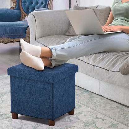 15 Inch Storage Ottoman with Wooden Legs - Cube Foot Rest Stool, Square Footstool, Comfortable Seat with Lid, Foldable Fabric Ottoman, Space-Saving Navy - color: Squ Blue